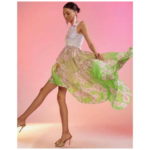 Cynthia Rowley Ramie Tier Sleeveless Dress Floral High Low Pink Green Size Small - Picture 5 of 6